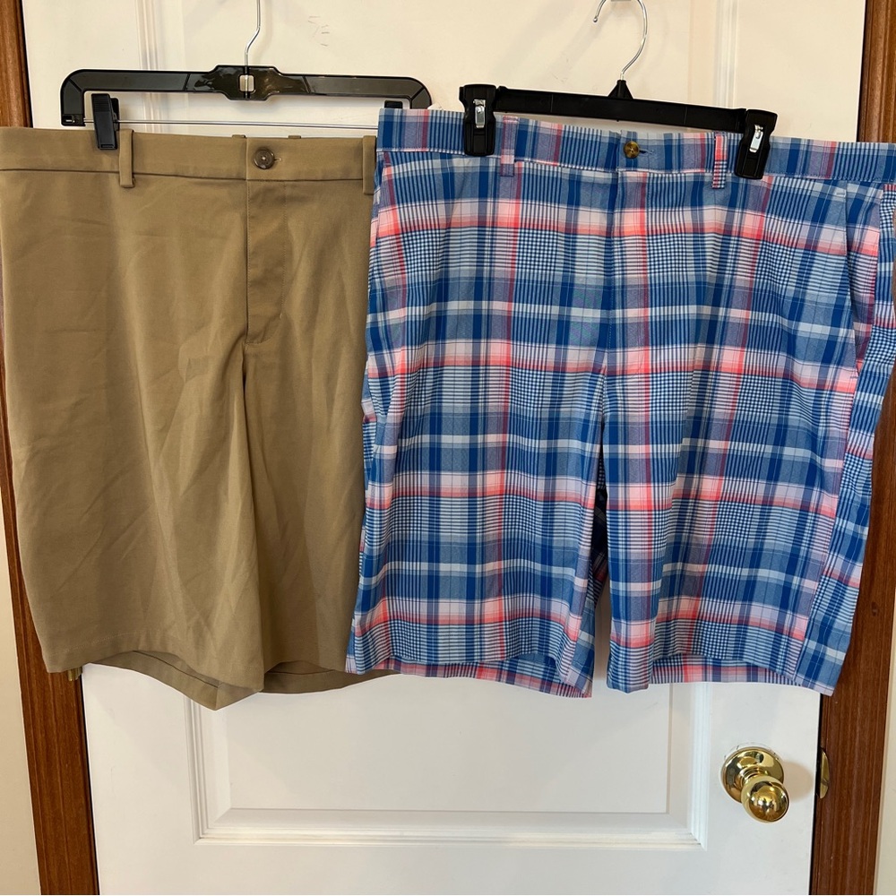 SET! Mens Size 38 Like NEW Shorts: Nike Khaki + PGA Tour Blue/Pink Plaid